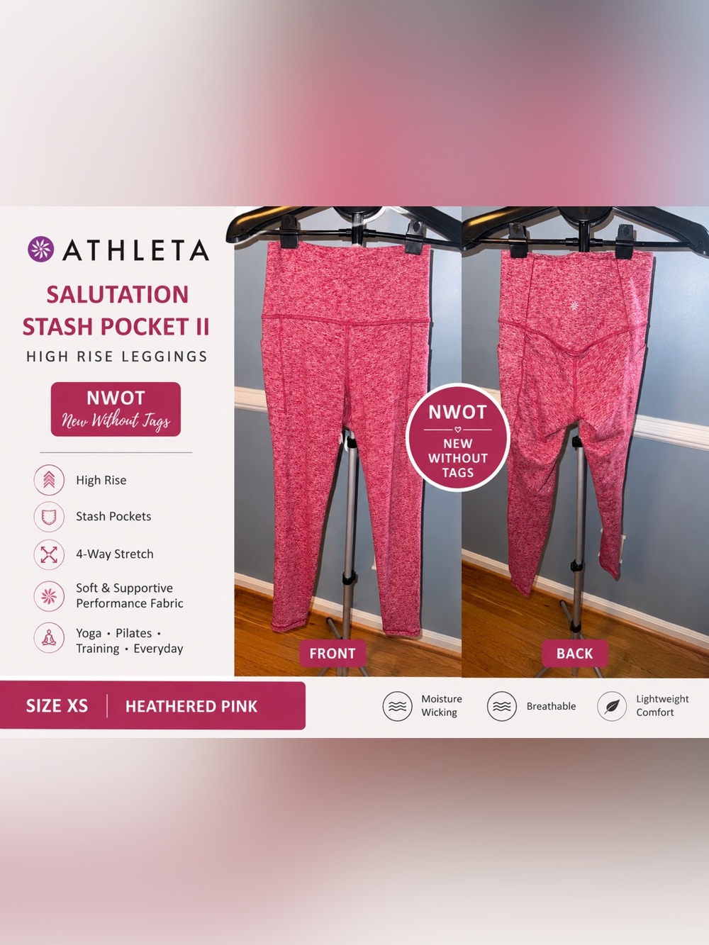 Athleta Salutation Stash Pocket II High Rise Leggings Pink XS NWOT ❤️